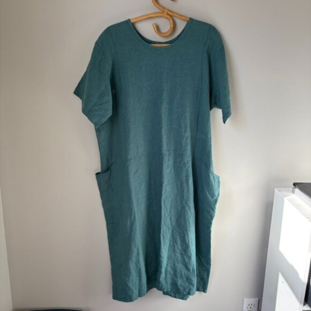 Vintage Flax Jeanne Englehart Linen Lagenlook Cottagecore Teal Maxi Dress Medium
